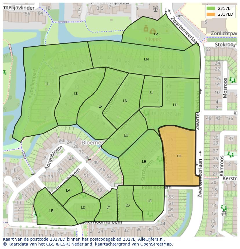 Afbeelding van het postcodegebied 2317 LD op de kaart.