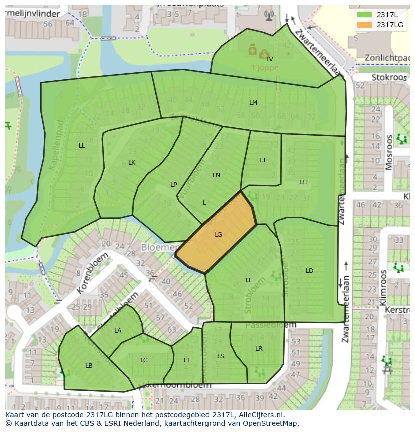 Afbeelding van het postcodegebied 2317 LG op de kaart.