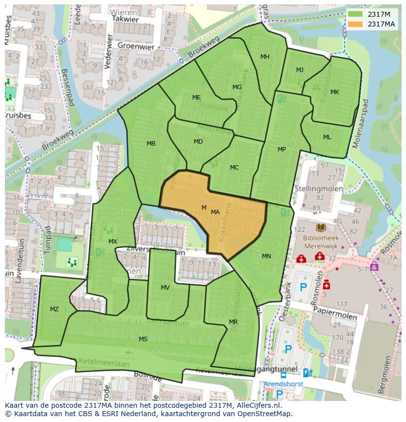 Afbeelding van het postcodegebied 2317 MA op de kaart.
