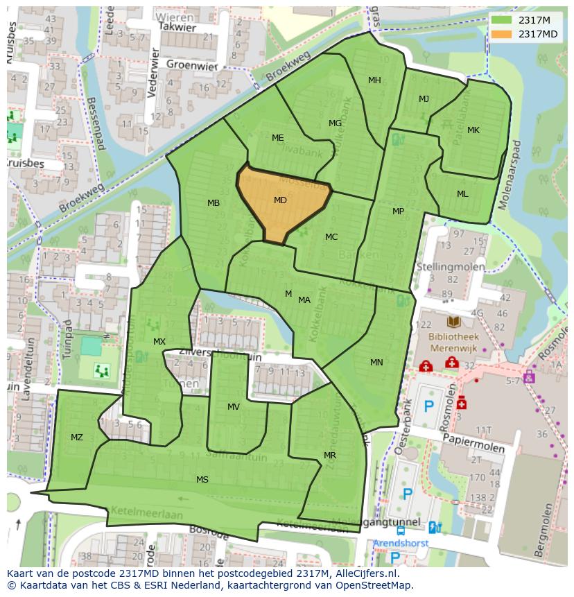 Afbeelding van het postcodegebied 2317 MD op de kaart.