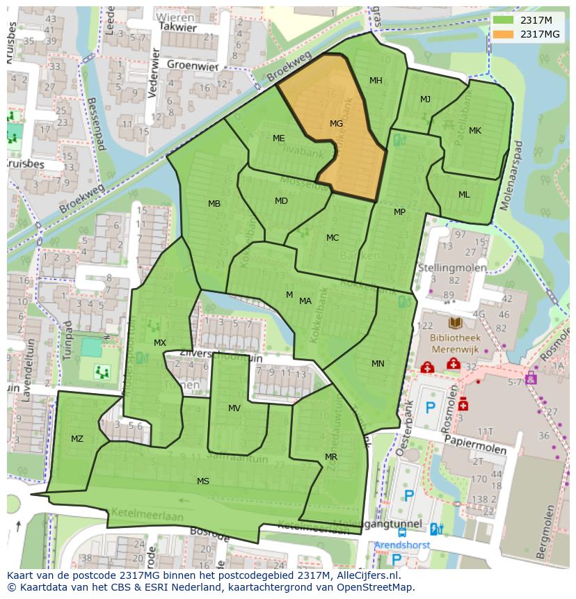Afbeelding van het postcodegebied 2317 MG op de kaart.