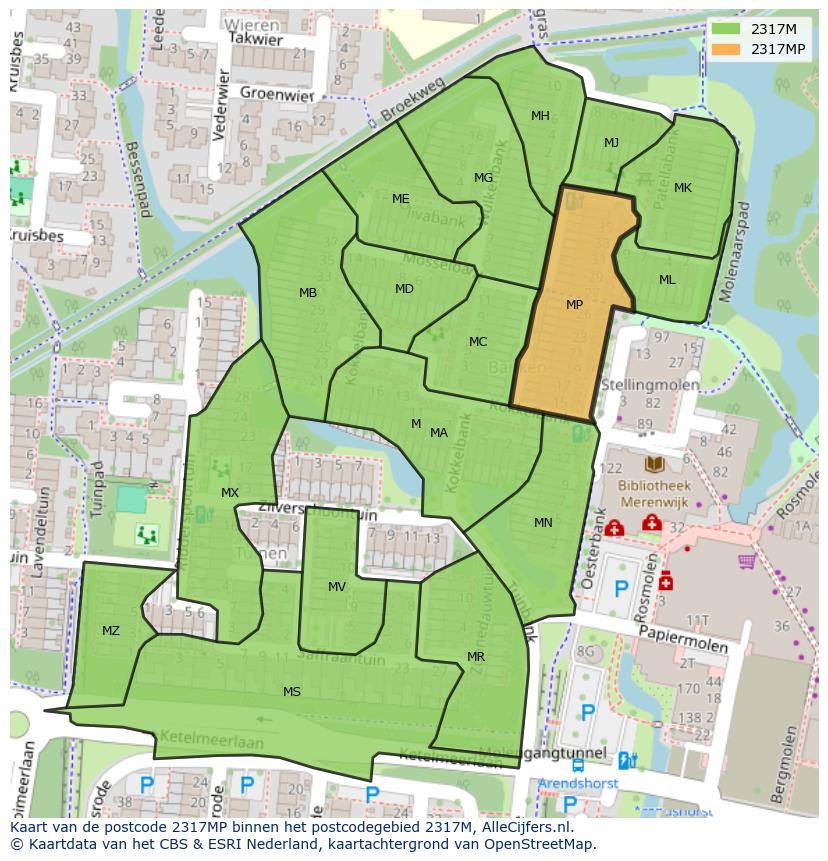 Afbeelding van het postcodegebied 2317 MP op de kaart.