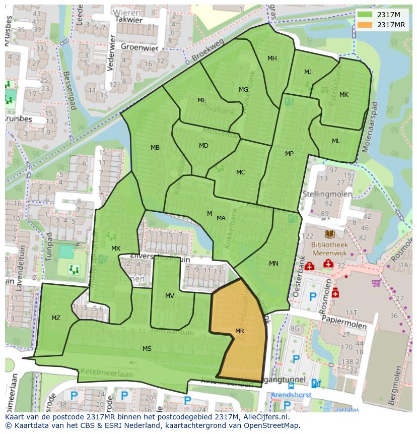 Afbeelding van het postcodegebied 2317 MR op de kaart.