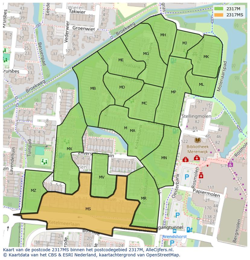 Afbeelding van het postcodegebied 2317 MS op de kaart.