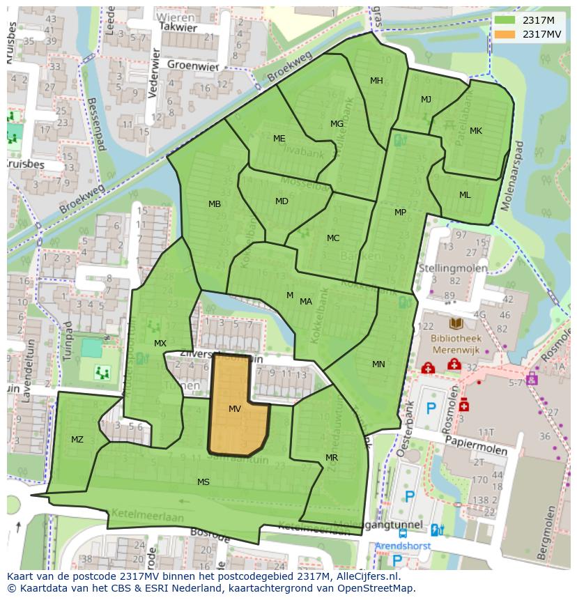Afbeelding van het postcodegebied 2317 MV op de kaart.