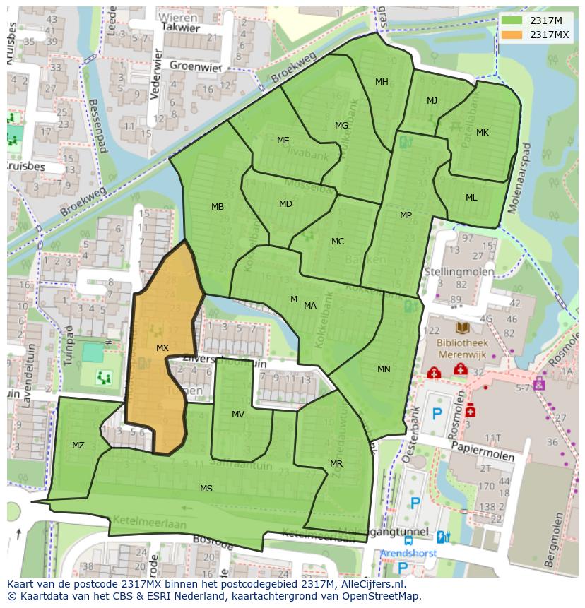 Afbeelding van het postcodegebied 2317 MX op de kaart.