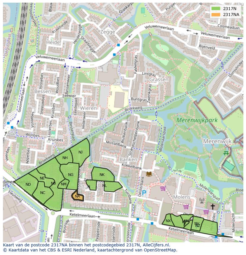 Afbeelding van het postcodegebied 2317 NA op de kaart.