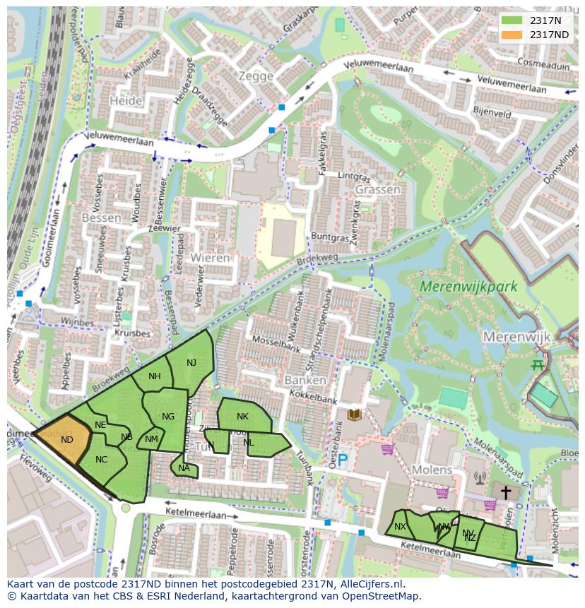 Afbeelding van het postcodegebied 2317 ND op de kaart.