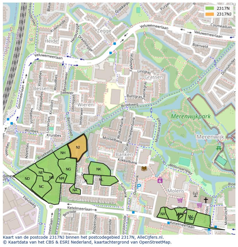 Afbeelding van het postcodegebied 2317 NJ op de kaart.