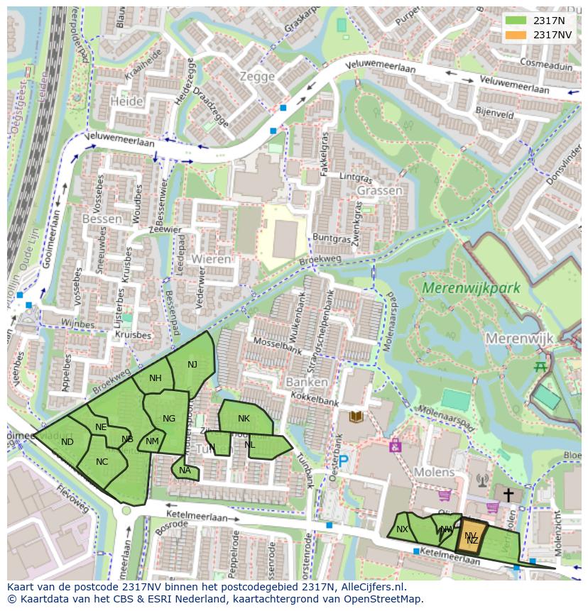 Afbeelding van het postcodegebied 2317 NV op de kaart.