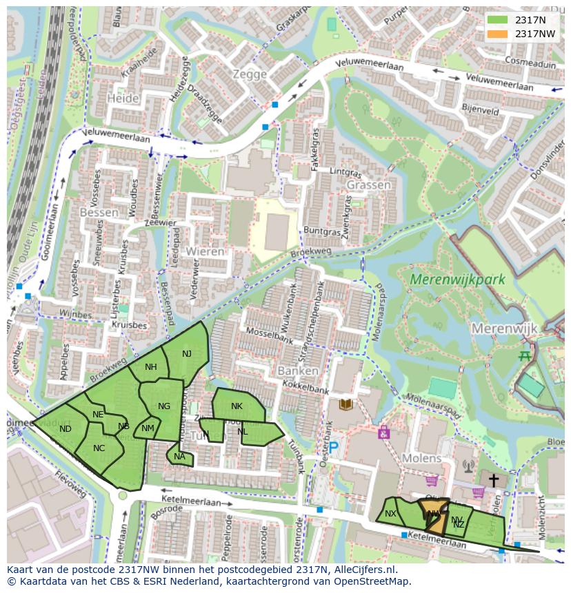 Afbeelding van het postcodegebied 2317 NW op de kaart.
