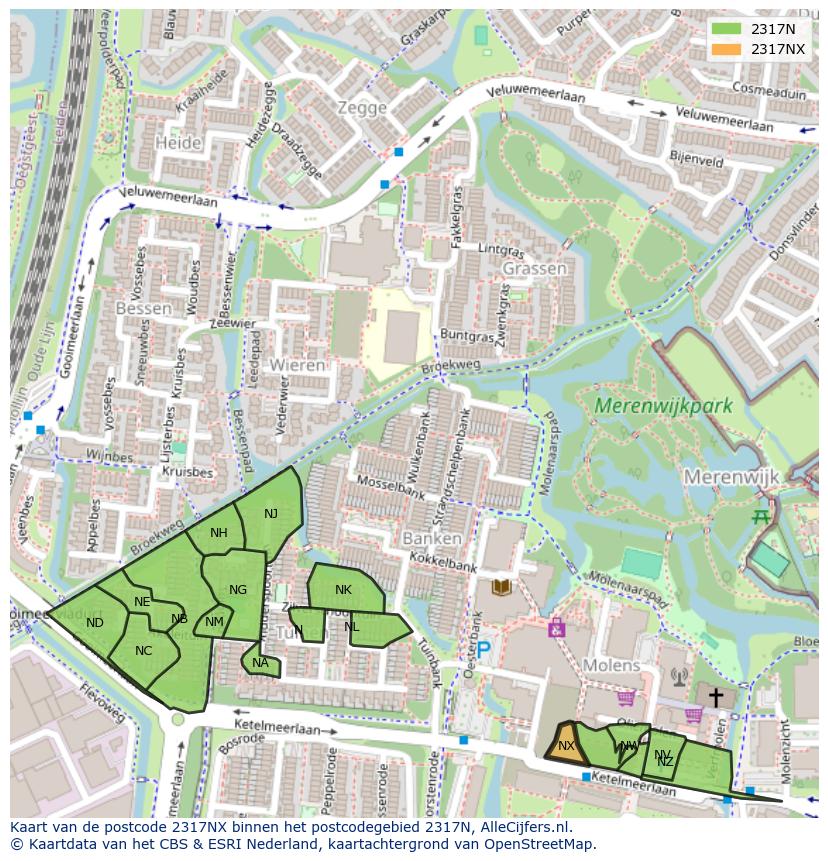 Afbeelding van het postcodegebied 2317 NX op de kaart.
