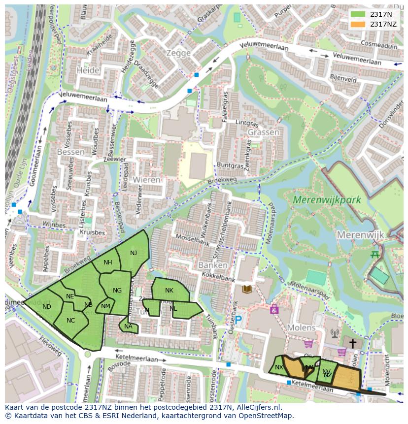 Afbeelding van het postcodegebied 2317 NZ op de kaart.