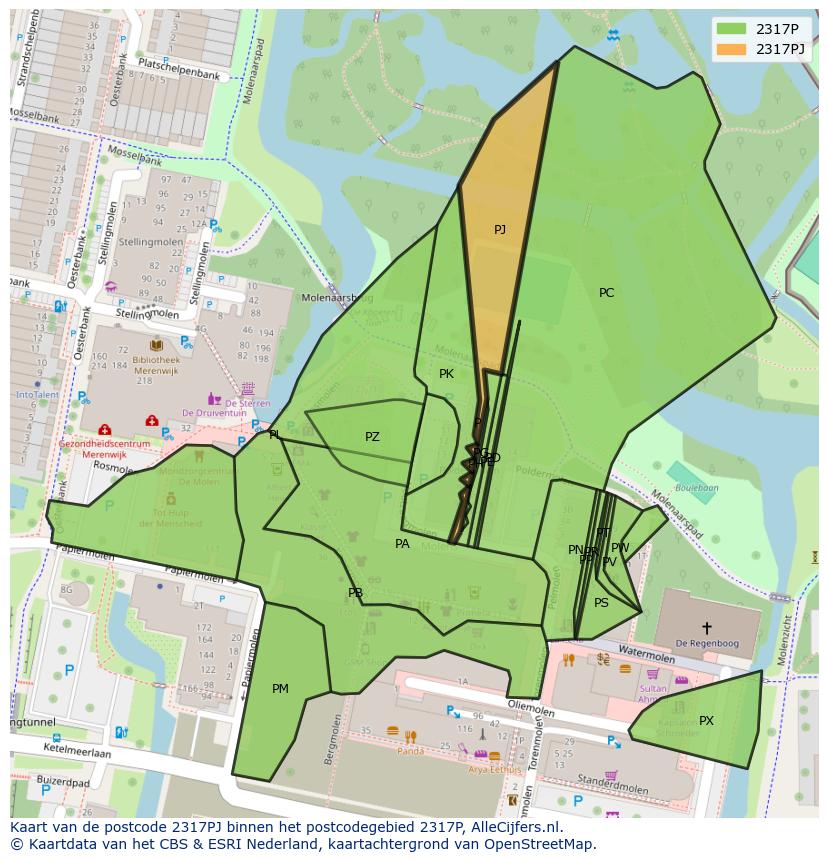Afbeelding van het postcodegebied 2317 PJ op de kaart.