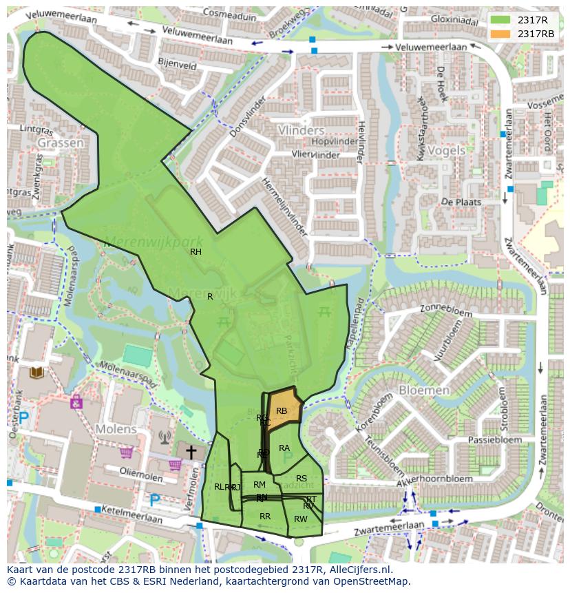 Afbeelding van het postcodegebied 2317 RB op de kaart.