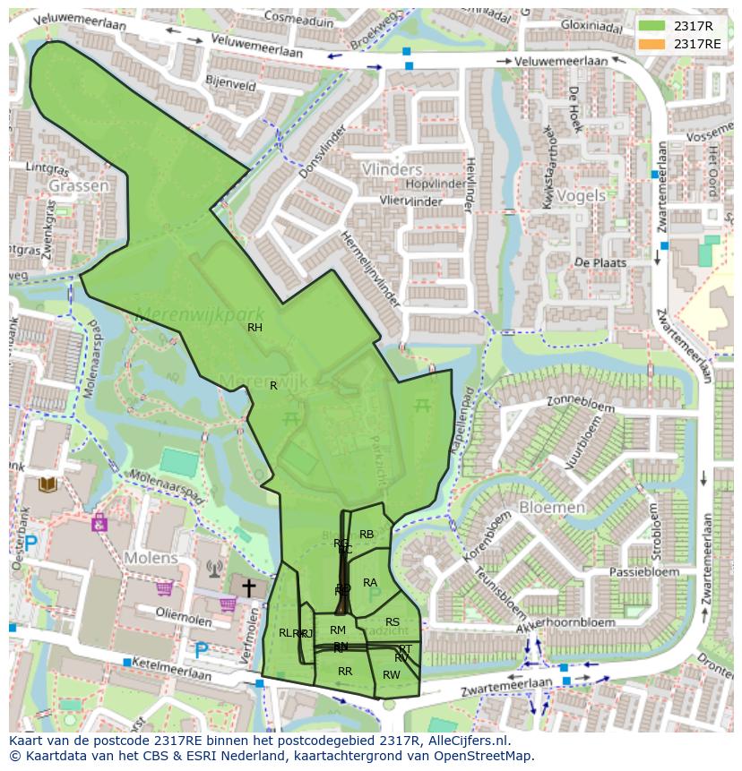 Afbeelding van het postcodegebied 2317 RE op de kaart.