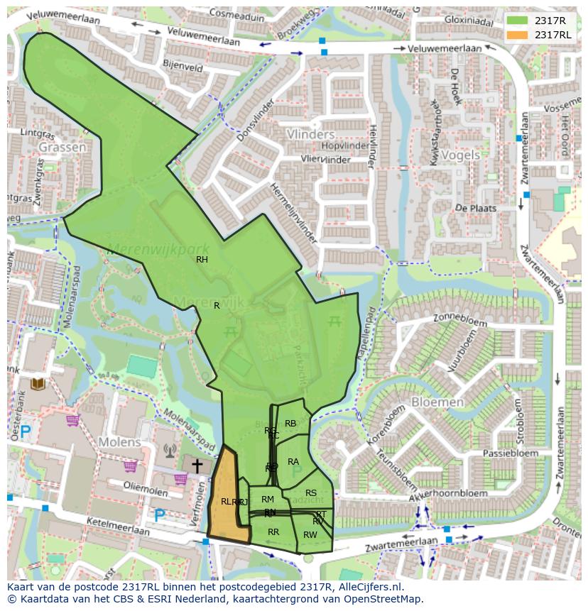 Afbeelding van het postcodegebied 2317 RL op de kaart.