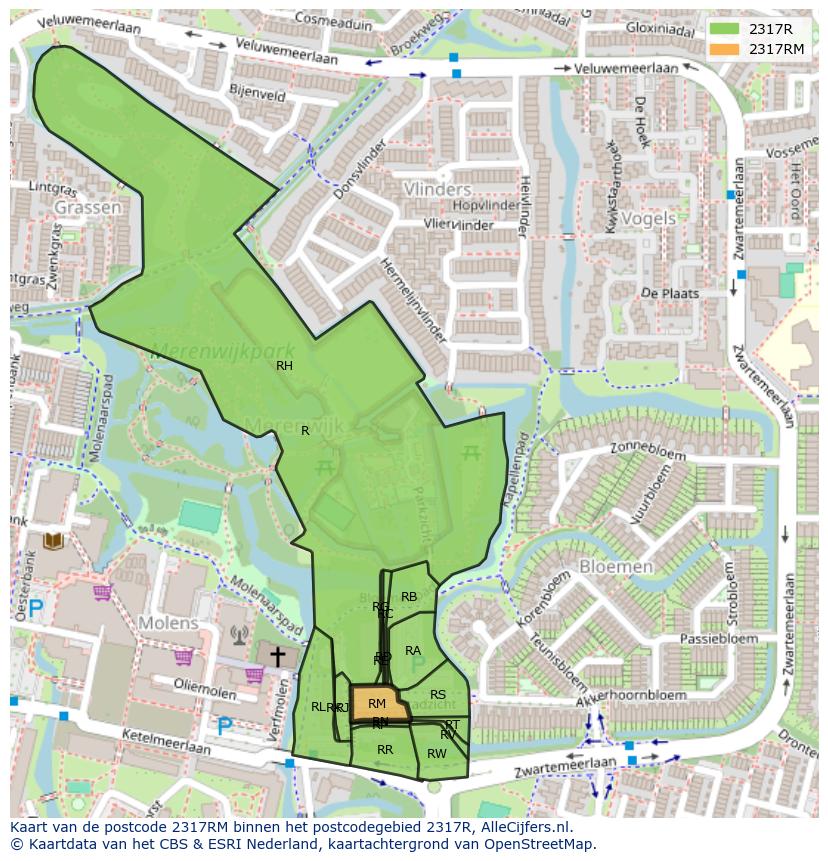 Afbeelding van het postcodegebied 2317 RM op de kaart.