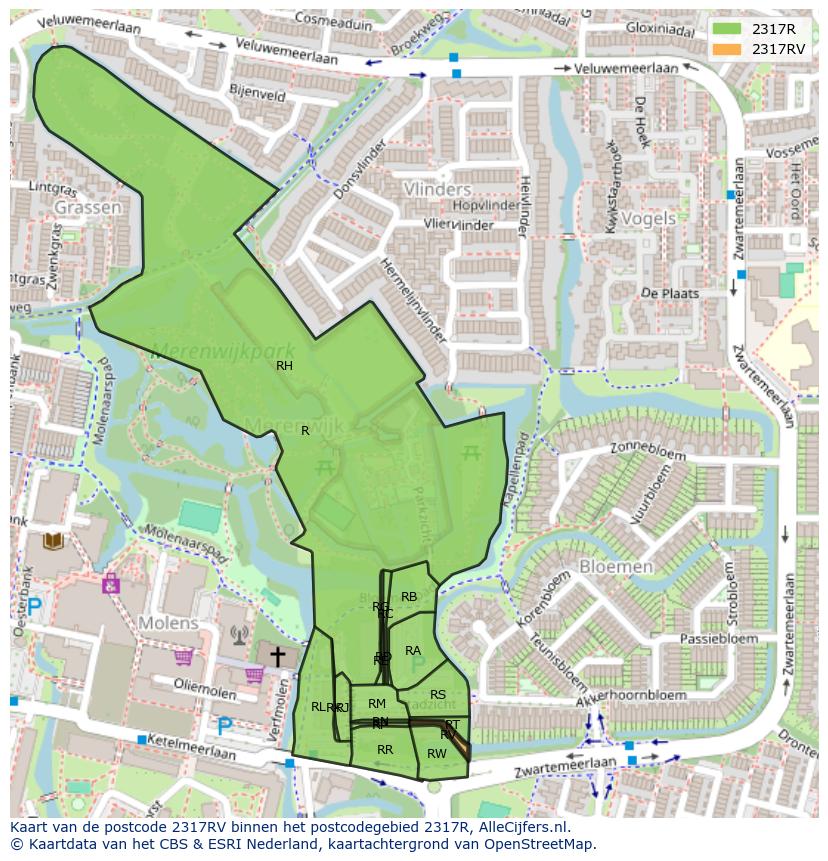 Afbeelding van het postcodegebied 2317 RV op de kaart.