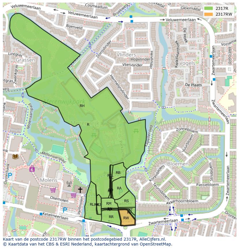 Afbeelding van het postcodegebied 2317 RW op de kaart.