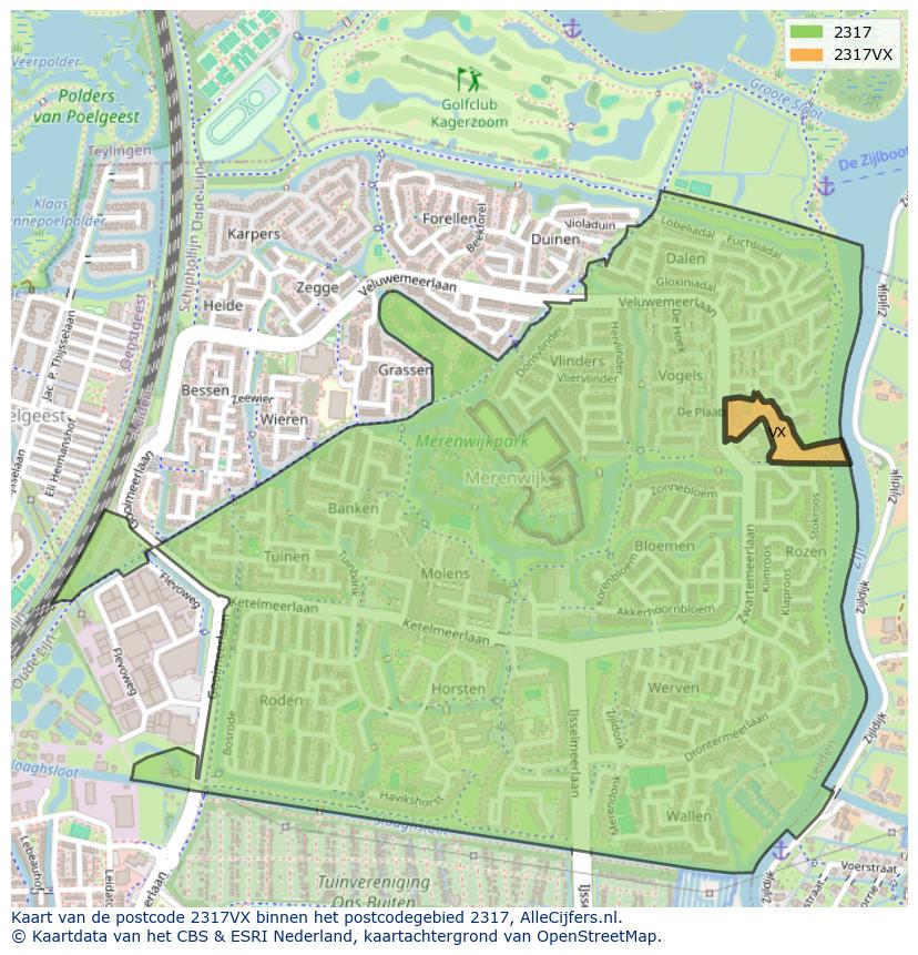 Afbeelding van het postcodegebied 2317 VX op de kaart.