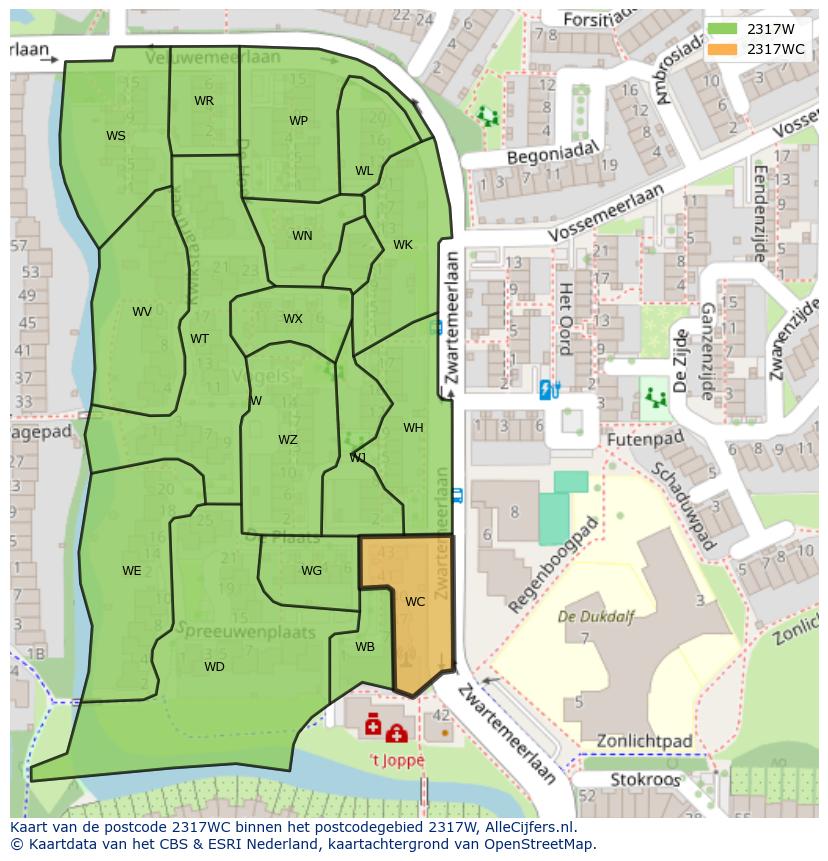 Afbeelding van het postcodegebied 2317 WC op de kaart.
