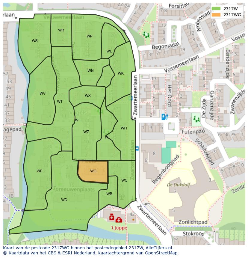 Afbeelding van het postcodegebied 2317 WG op de kaart.
