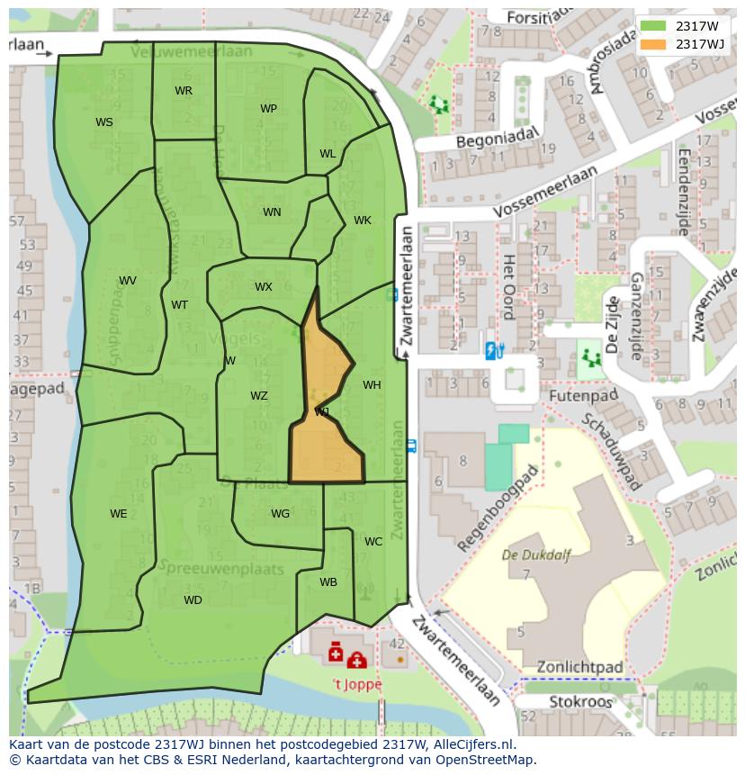 Afbeelding van het postcodegebied 2317 WJ op de kaart.