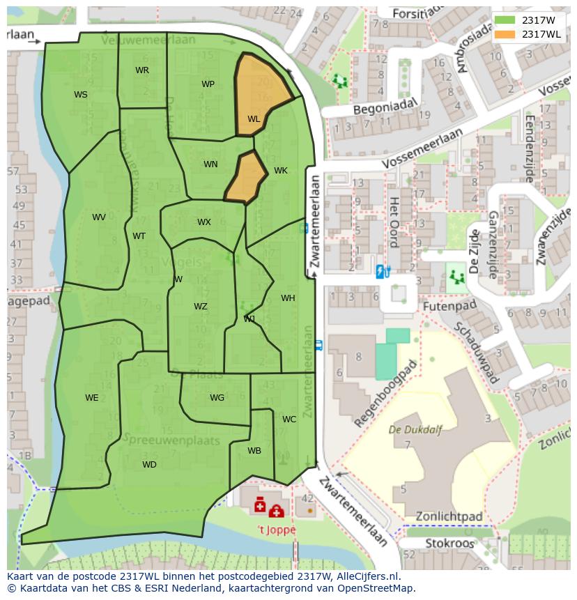 Afbeelding van het postcodegebied 2317 WL op de kaart.