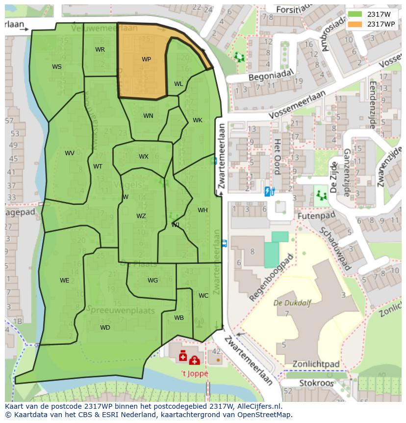 Afbeelding van het postcodegebied 2317 WP op de kaart.