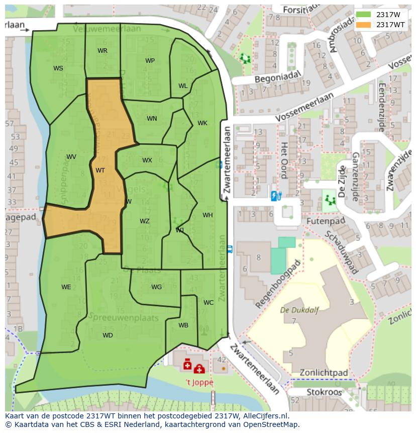Afbeelding van het postcodegebied 2317 WT op de kaart.