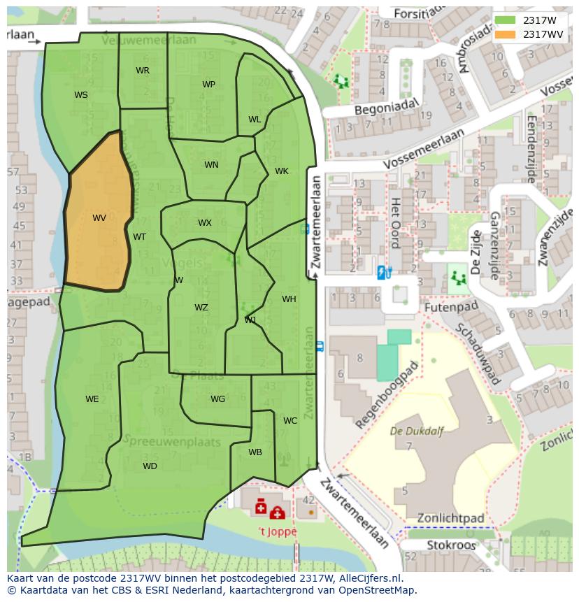 Afbeelding van het postcodegebied 2317 WV op de kaart.