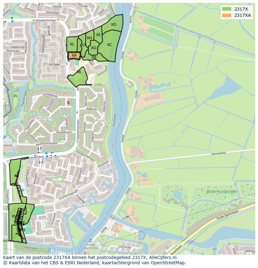 Afbeelding van het postcodegebied 2317 XA op de kaart.