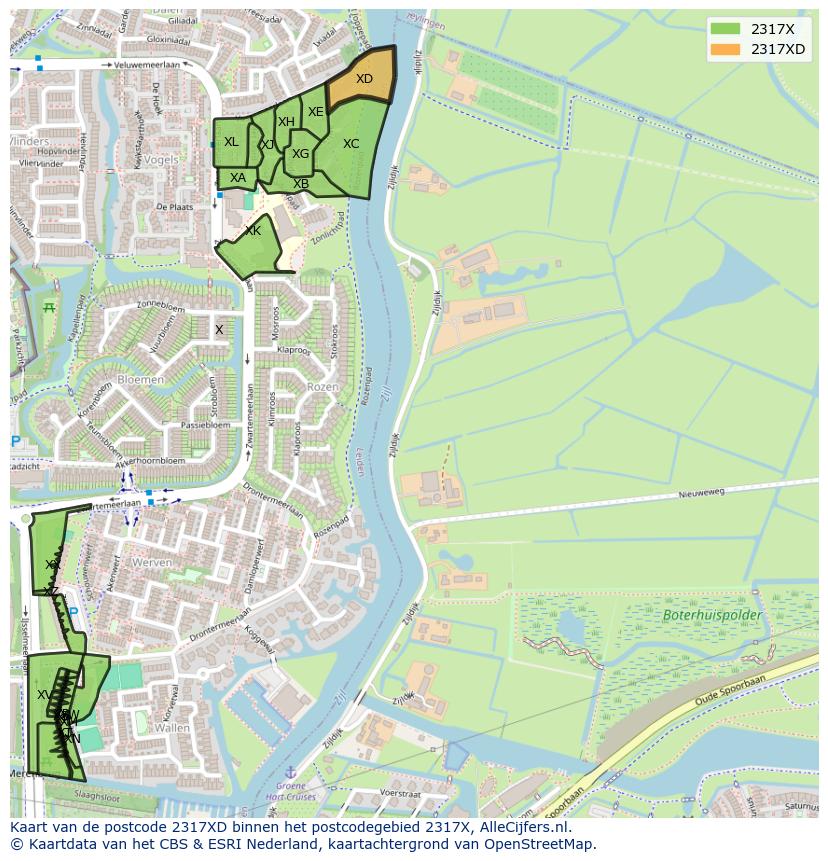 Afbeelding van het postcodegebied 2317 XD op de kaart.