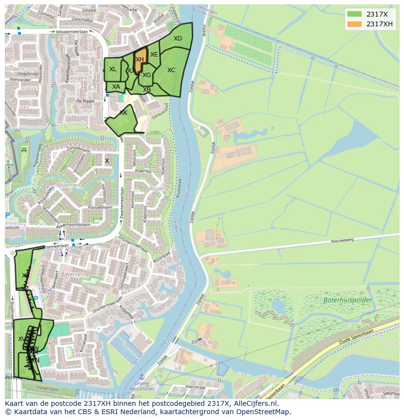 Afbeelding van het postcodegebied 2317 XH op de kaart.
