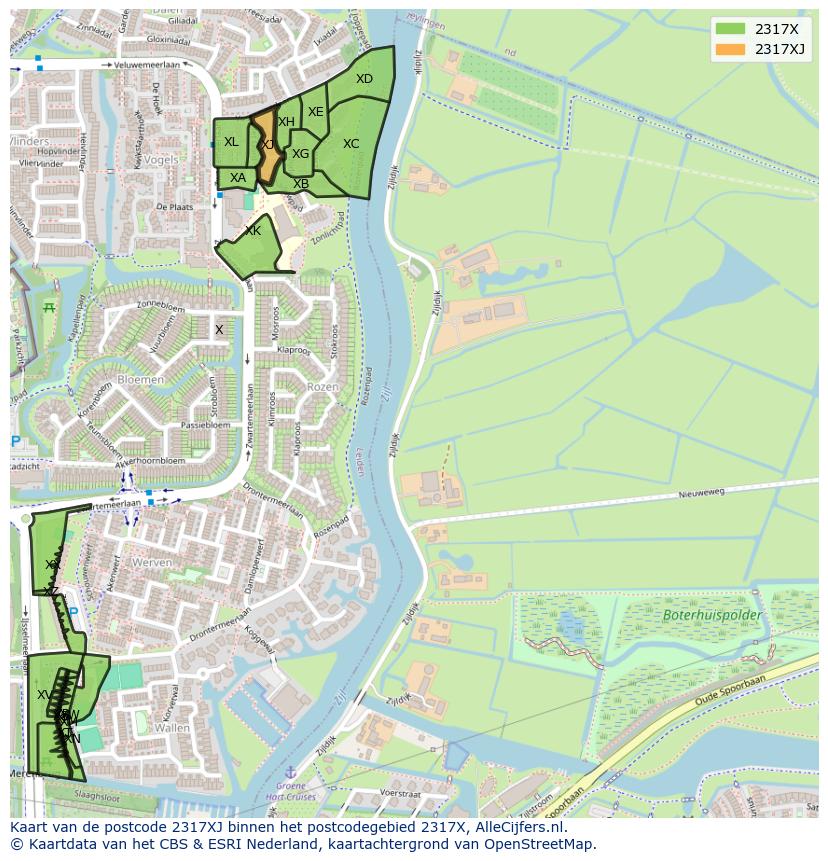 Afbeelding van het postcodegebied 2317 XJ op de kaart.