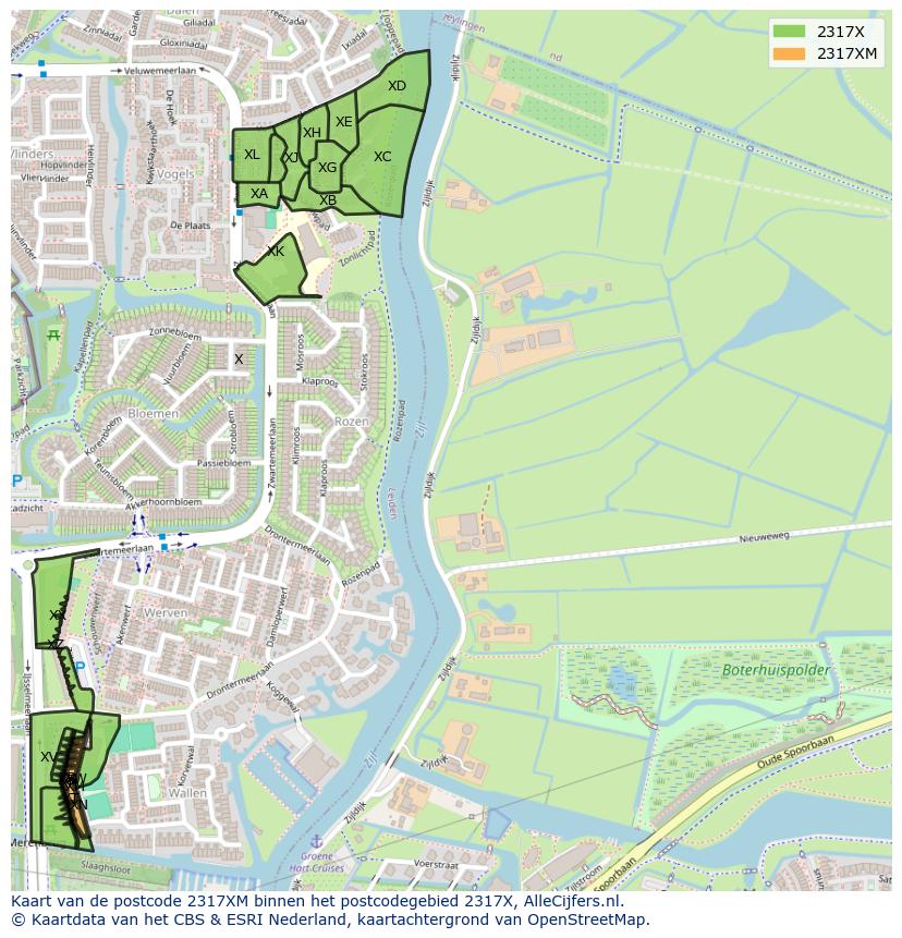 Afbeelding van het postcodegebied 2317 XM op de kaart.