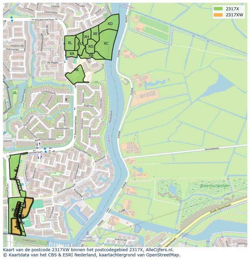 Afbeelding van het postcodegebied 2317 XW op de kaart.