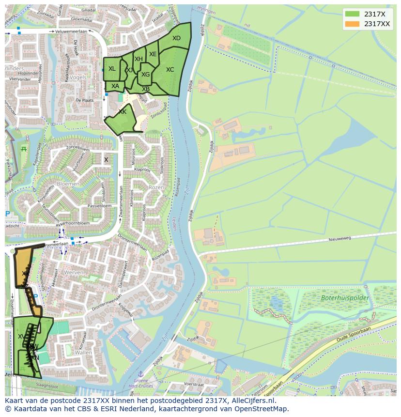 Afbeelding van het postcodegebied 2317 XX op de kaart.