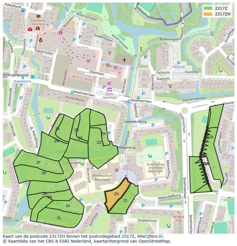 Afbeelding van het postcodegebied 2317 ZH op de kaart.