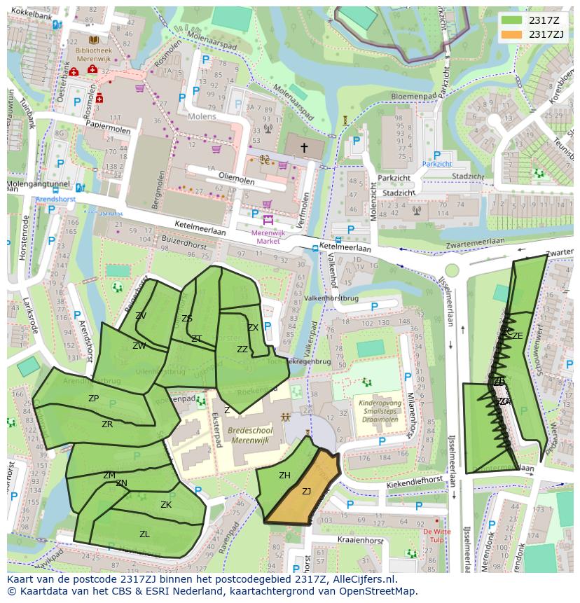 Afbeelding van het postcodegebied 2317 ZJ op de kaart.