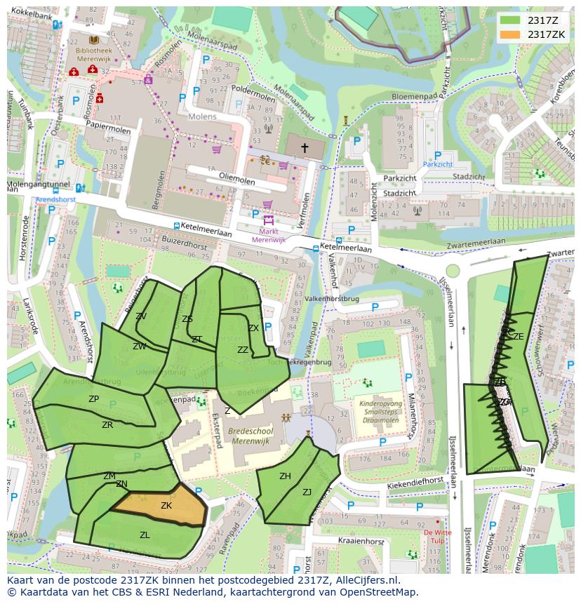 Afbeelding van het postcodegebied 2317 ZK op de kaart.