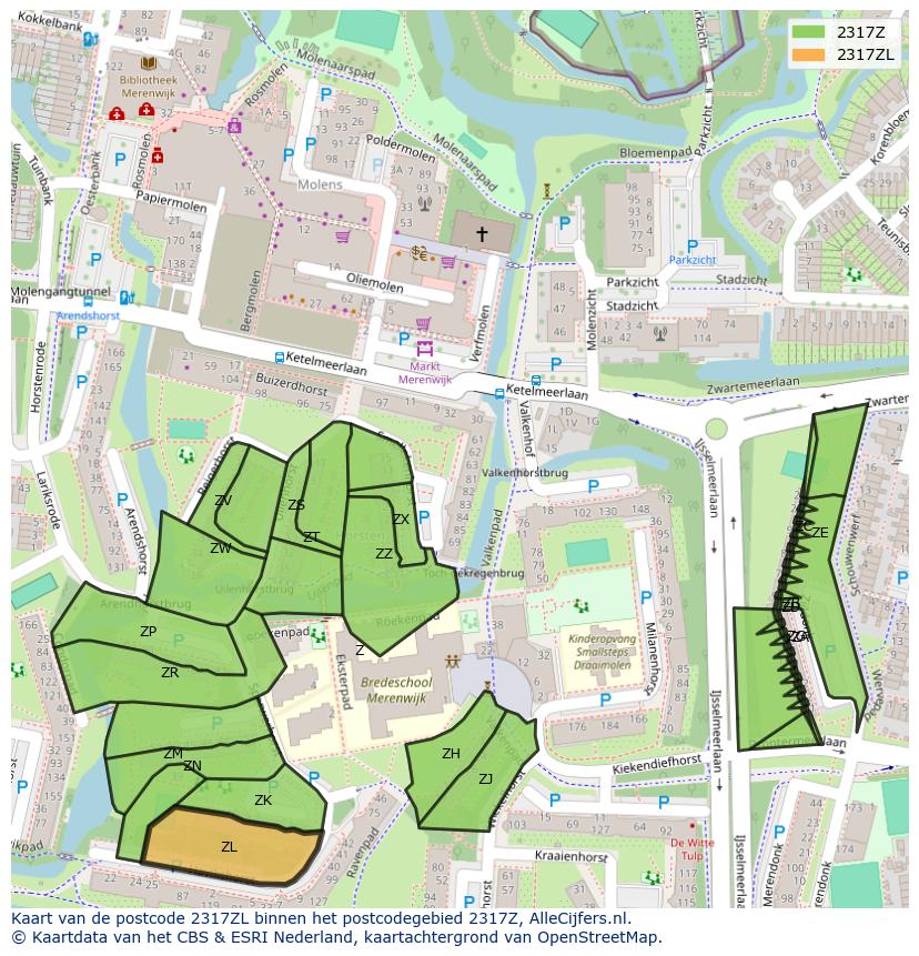 Afbeelding van het postcodegebied 2317 ZL op de kaart.
