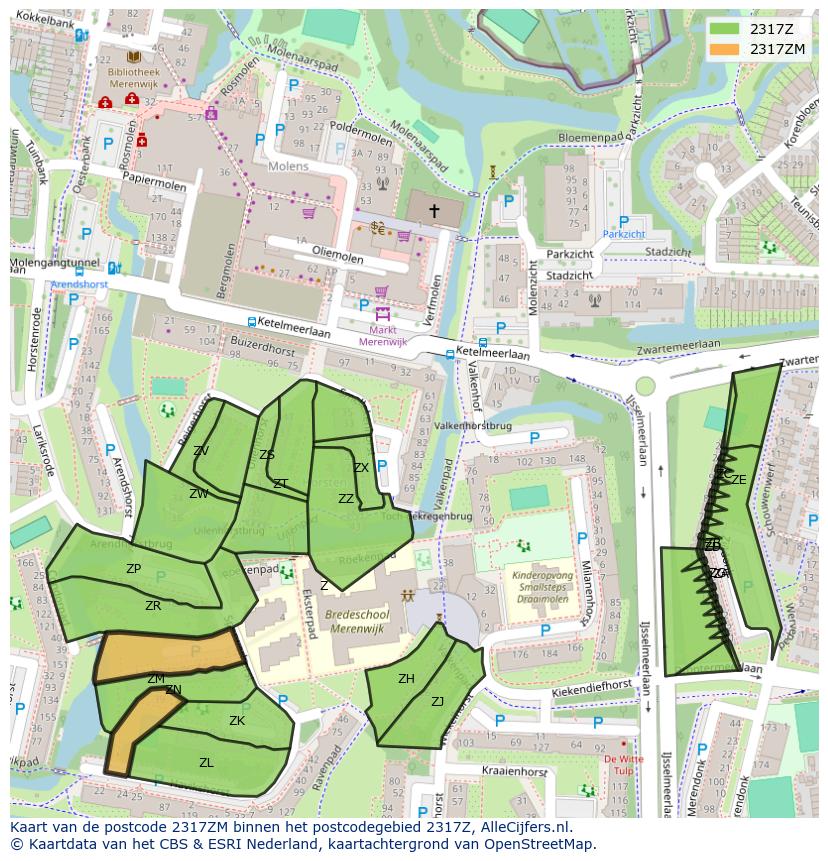 Afbeelding van het postcodegebied 2317 ZM op de kaart.