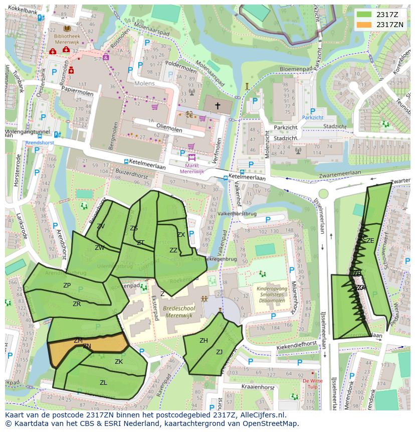 Afbeelding van het postcodegebied 2317 ZN op de kaart.