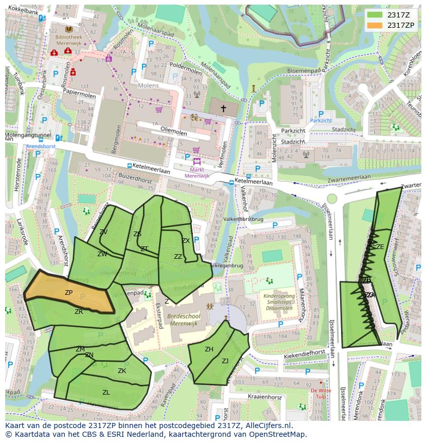 Afbeelding van het postcodegebied 2317 ZP op de kaart.