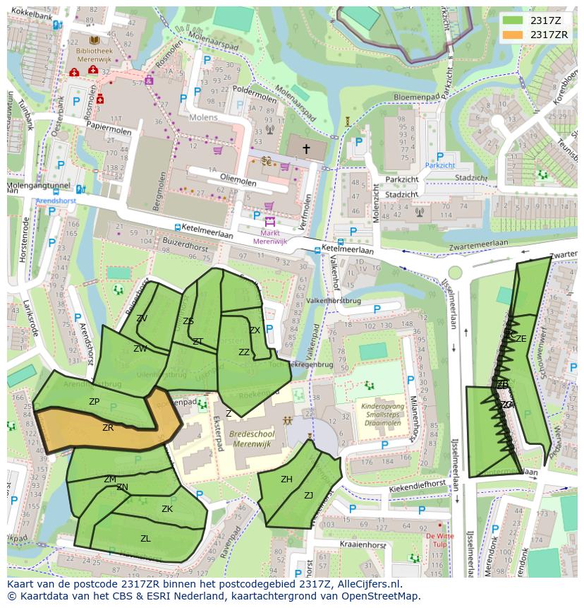 Afbeelding van het postcodegebied 2317 ZR op de kaart.