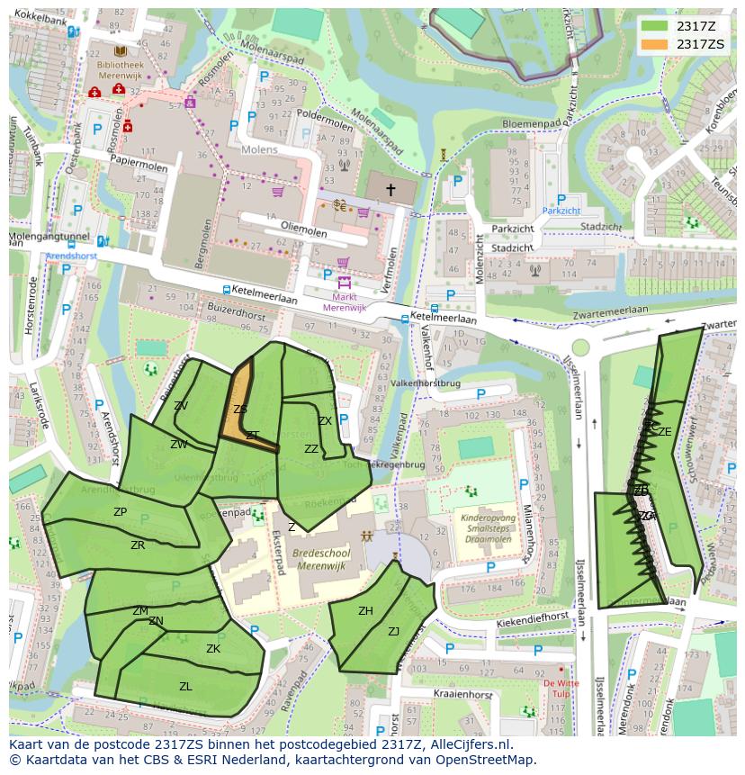 Afbeelding van het postcodegebied 2317 ZS op de kaart.