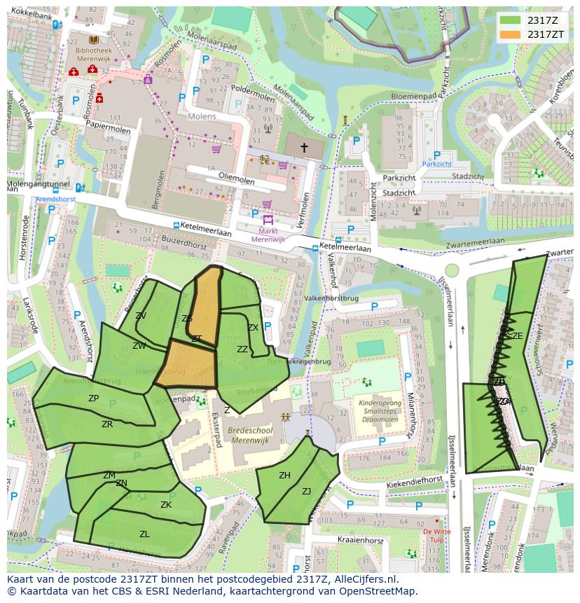 Afbeelding van het postcodegebied 2317 ZT op de kaart.