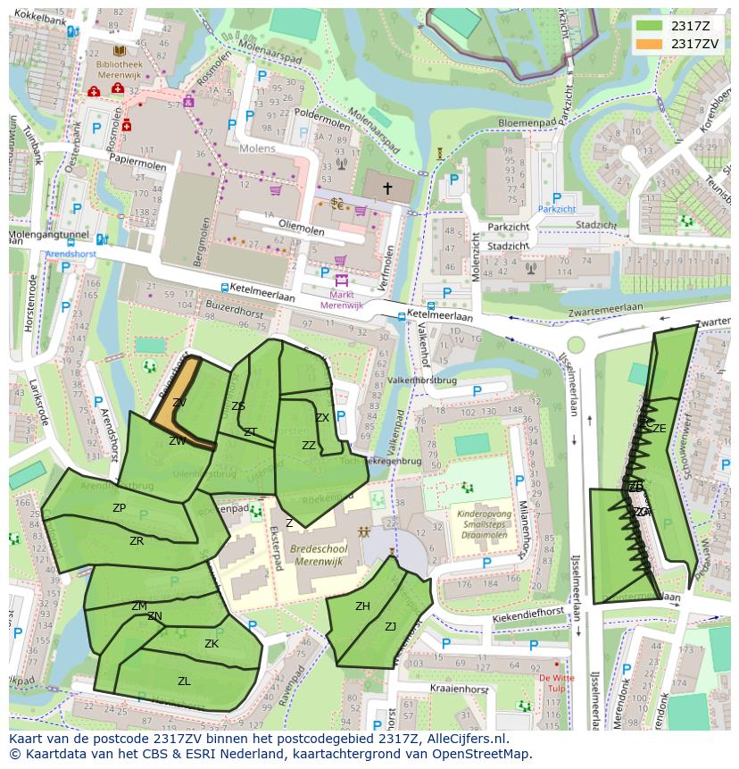 Afbeelding van het postcodegebied 2317 ZV op de kaart.